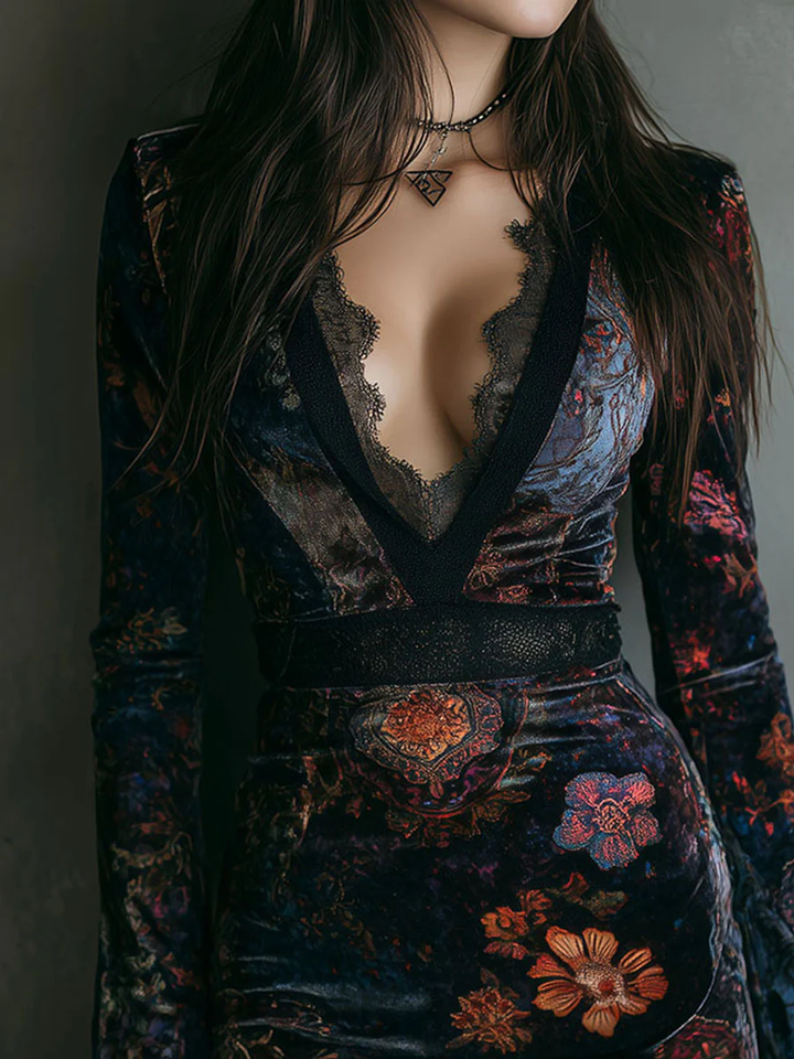 Bloemenprint V-hals Fluwelen Kant Trim Slim-fit mini-jurk